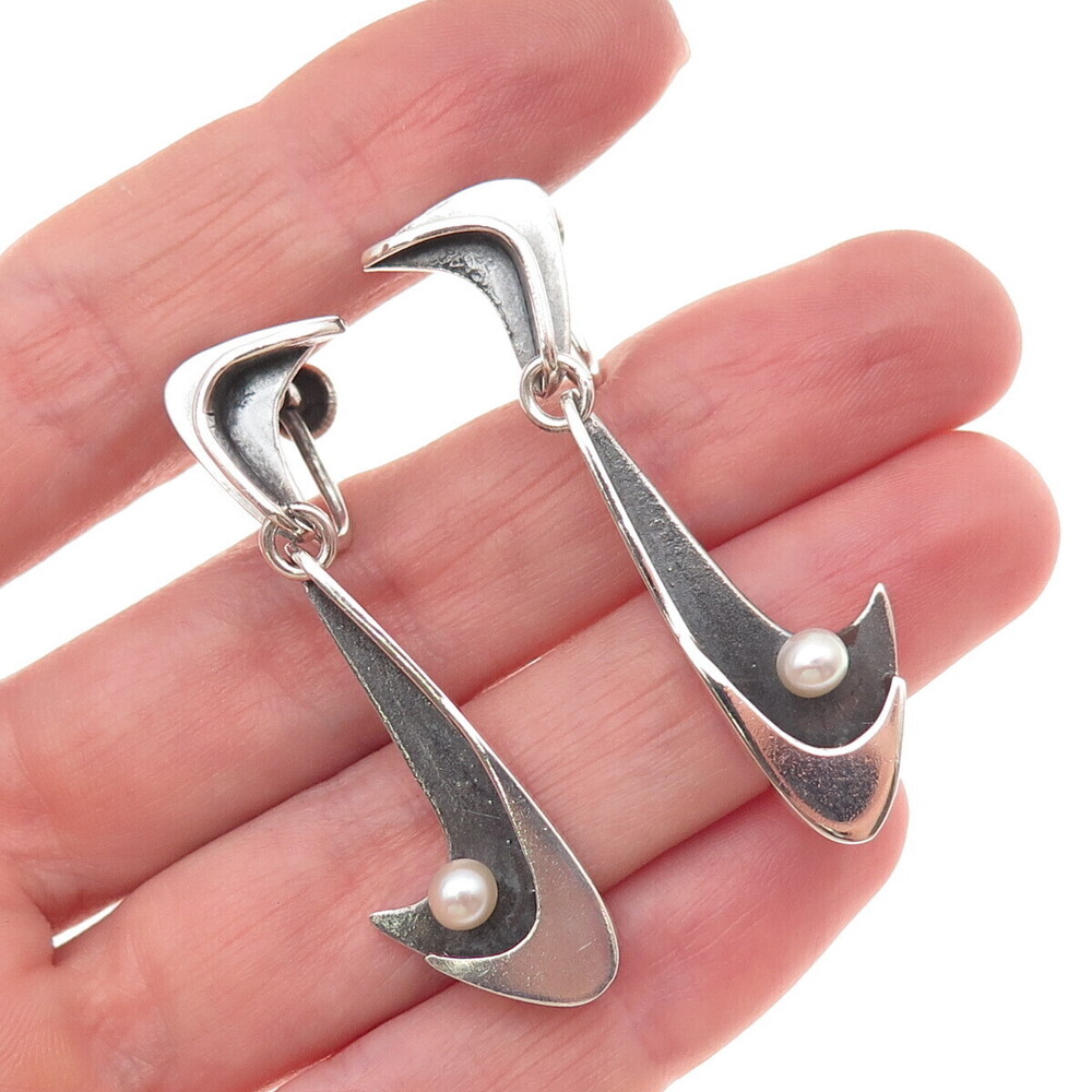 925 Sterling Silver Vintage Real Pearl Modernist Oxidized Screw Back Earrings